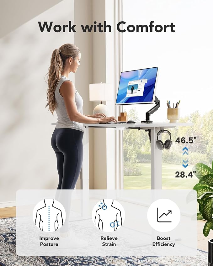 HUANUO Electric Standing Desk, Whole Piece Desktop, Adjustable Height Computer Desk, 4 Height Memory Settings, Sit Stand Up Desk for Home Office, 60" x 24", White