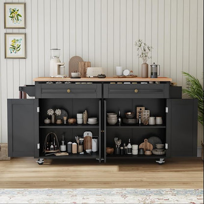 JassmiPkwy 67’’ Movable Kitchen Island with Drop Leaf and Power Outlet, Lockable Sliding Countertop Rolling Island Cart with 2 Large Drawers, Spice, Towel Rack,Black