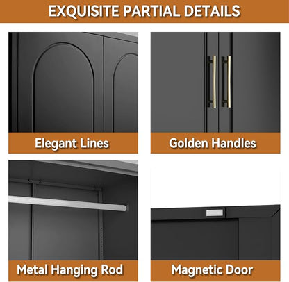 Polup Metal Armoire Wardrobe Closet with Doors and Shelves, 71" Tall Wardrobe Closet with Hanging Rod, Freestanding Clothes Cabinets, Steel Wardrobes for Bedroom, Home Office, Employee, Black