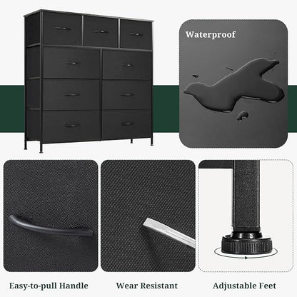 9-Drawer Dresser for Bedroom, Anti-Tip Tall Storage Organizer Chest of Drawers with Wooden Top and Metal Frame Fabric Bins for Closet, Living Room, Hallway, Entryway, Black