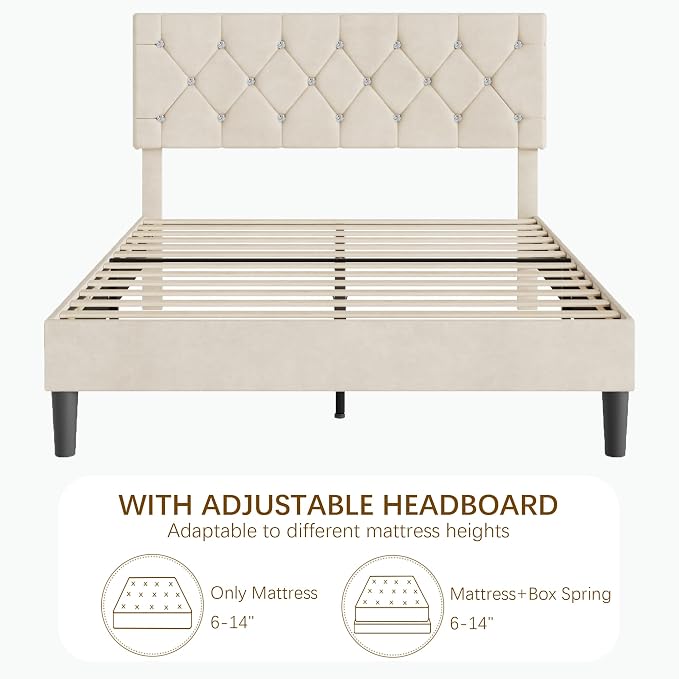 VECELO Queen Size Bed Frame with Diamond Tufted Headboard, Upholstered Platform Bedframe with Wood Slat Support, No Box Spring Needed, Pala Beige
