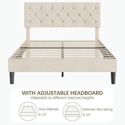 VECELO Queen Size Bed Frame with Diamond Tufted Headboard, Upholstered Platform Bedframe with Wood Slat Support, No Box Spring Needed, Pala Beige