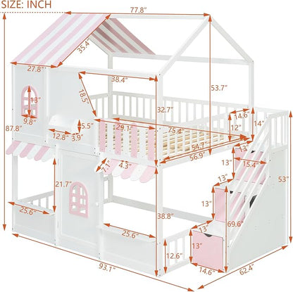 Merax Full Over Full Wood House Bunk Bed with Storage Staircase & Shelves, Floor Multifunction Bunk Bed with Full Length Gardrails for Bedroom,Playhouse Design, Roof & Door, Space Saving,White+Pink