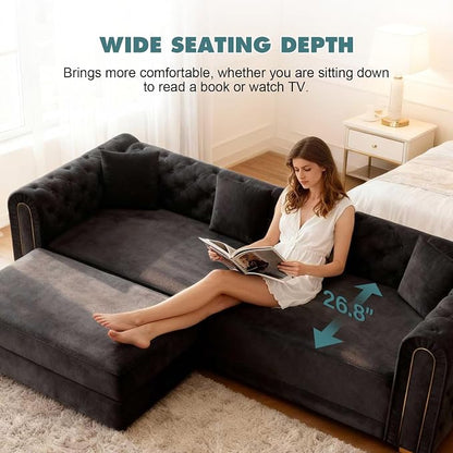 90.6'' Velvet Folding Floor Sofa Bed - 3-in-1 Convertible Sleeper Couch with Ottoman, Button Tufted Gold Edge Trim Chesterfield Sofa, Pull-Out King Size Couch Bed for Apartments, Living Room, Black | 3-in-1 Convertible