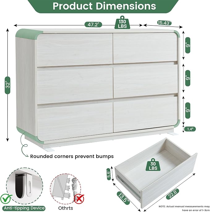 Standifurno White 6 Drawer Dresser for Bedroom, 47" Wide Dresser with Large Storage, Wooden Chest of Drawers for Bedroom, Hallway.