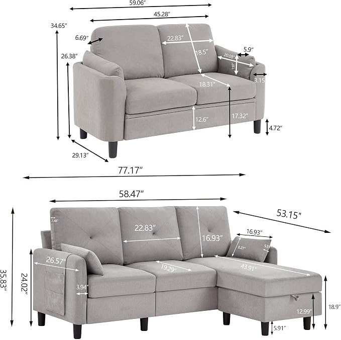 Convertible Sectional Sofa Set, 77" Small L Shaped 3 Seat Couch with Ottoman and 57" Loveseat, Modern Sofa Couches for Living Room, Light Grey