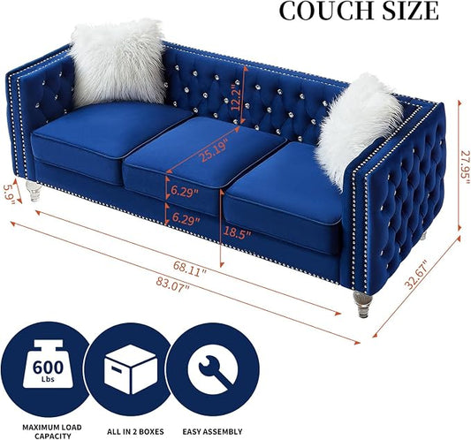 83" Chesterfield Sofa, Velvet Mid-Century Modern Upholstered Couch with 2 Throw Pillows and Acrylic Legs, Nailhead Button Tufted Vintage Sofa for Living Room, Apartment, Office, Blue