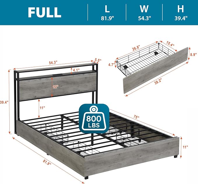 Kiivakii Full Size Bed Frame with 4 Storage Drawers, LED Platform Bed with Headboard, Built in Charging Station, Noise-Free, Metal Support Base, No Box Spring Needed, Gray