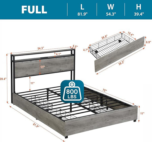 Kiivakii Full Size Bed Frame with 4 Storage Drawers, LED Platform Bed with Headboard, Built in Charging Station, Noise-Free, Metal Support Base, No Box Spring Needed, Gray