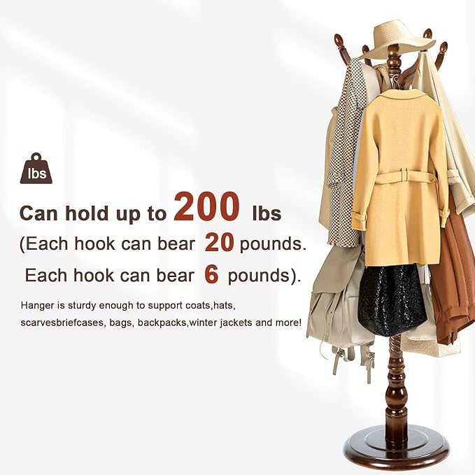 Coat Racks Freestanding, Natural Wood Coat Stands with 14 Hooks, 73" Heavy Duty Adjustable Height Vintage Hall Tree for Entryway, Bedroom, Office, Easy Assembly (Antique color)