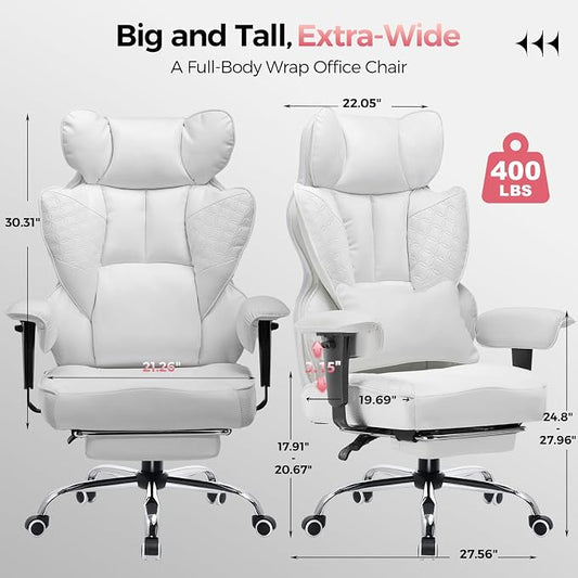 GTPLAYER Big and Tall Gaming Chair 400lbs Heavy Duty Office Chair with Foot Rest & Ergonomic Pocket Spring Lumbar Support, High Back 3D Saddle Shaped Cushion for Back Pain Relief, White