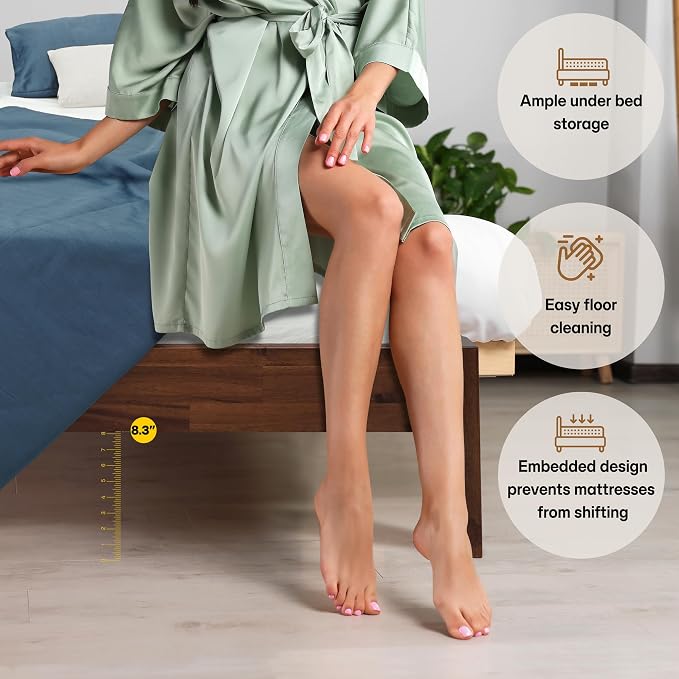 Acacia Mervyn Queen Bed Frame Solid Wood Platform Bed, 800 lbs Capacity Signature Mid Century Wood Bed Compatible with All Mattress Types, 30 Mins Assembly, Bed Frame Queen Size, Chocolate