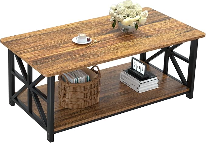 GreenForest Round Corners Coffee Table for Living Room | Rustic Style Center Table with Storage Shelf,39 Inch Space Saving,X-Frame Sofa Table,Easy Assembly,Walnut