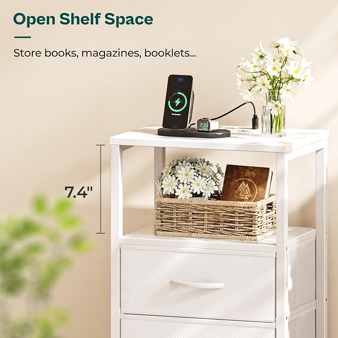 Huuger Nightstand with Charging Station, Side Table with 2 Fabric Drawers, End Table with Open Shelf, Bedside Table with USB-C Port and Outlets, Night Stand, PU Leather, White
