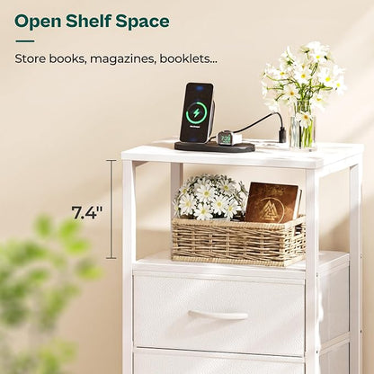 Huuger Nightstand with Charging Station, Side Table with 2 Fabric Drawers, End Table with Open Shelf, Bedside Table with USB-C Port and Outlets, Night Stand, PU Leather, White
