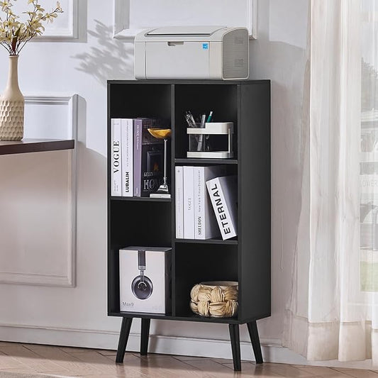 LEYAOYAO 5 Cube Bookshelf 3-Tier Bookcase with Legs,Mint Black Kids Book Shelf Cute Storage Organizer,Free Standing Open Toy Shelves Wood Bookshelves,Display Bookcases for Bedroom,Living Room,Nursery