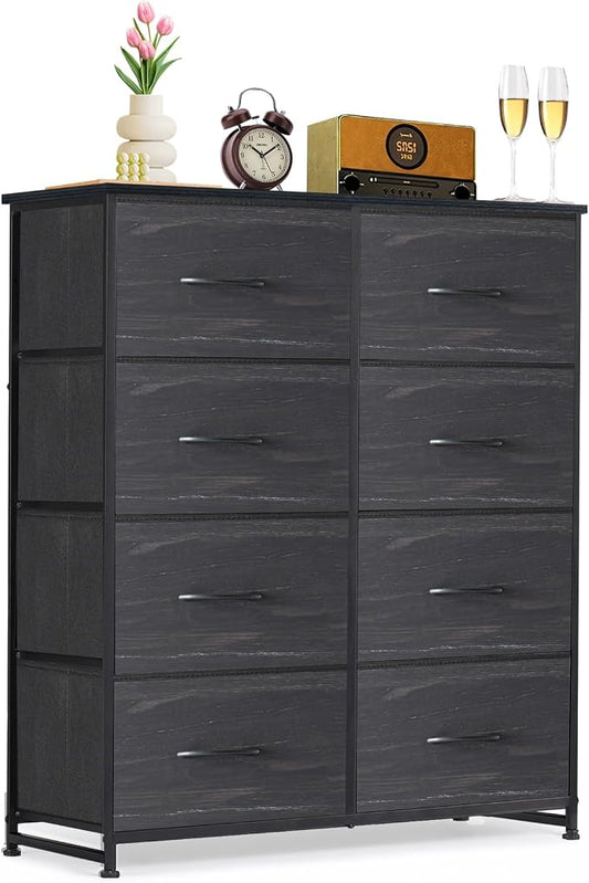 8-Drawer Dresser for Bedroom, Anti-Tip Tall Storage Organizer Chest of Drawers with Wooden Top and Metal Frame Fabric Bins for Closet, Living Room, Hallway, Entryway, Charcoal Black