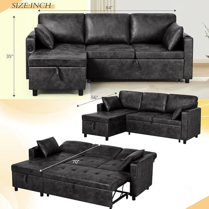 84" Suede Leather Pull Out Sofa Bed w/Adjustable Backrest, Sectional Sleeper Couch w/Storage Chaises and Armrest Pillows, U-Shape Sofa Bed w/USB Port for Living Room, House, Black