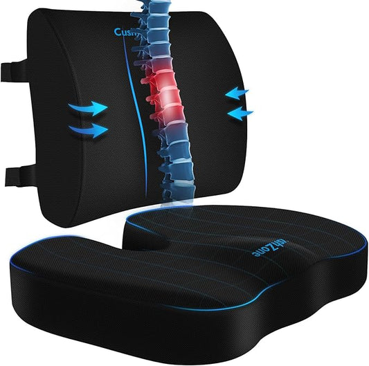 CushZone Seat Cushion, Lumbar Support Pillow with Adjustable Strap-Chair Cushions for Sciatica Pain Relief-with Washable Cover for Car, Travel and Wheelchair, Black, X-Large