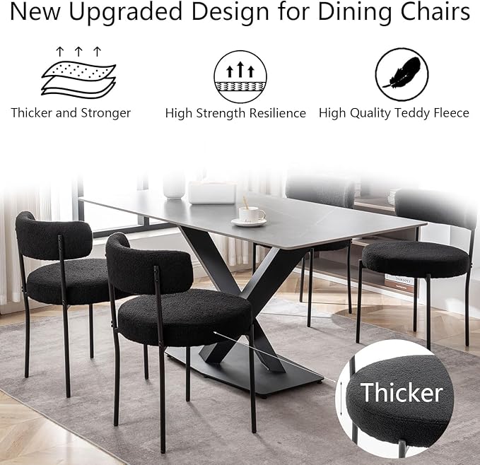 Cinxzar Black Boucle Dining Chairs Set of 4, Upholstered Dining Chairs with Black Metal Legs, Round Modern Dining Chair for Dining Room