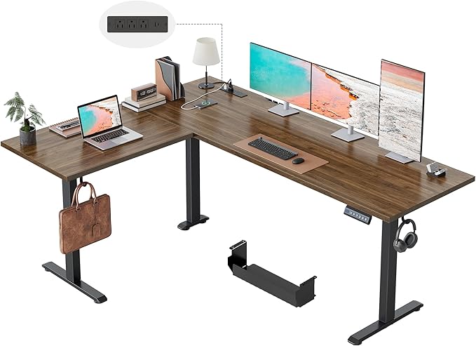 Klicelor L Shaped Standing Desk 63 x 48 Inch,Electric Height Adjustable Corner Desk with Cable Management & Power Outlets, Ergonomic Sit Stand Up Computer Table for Home Office,Dark Walnut