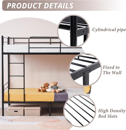Karl home Metal Bunk Bed Twin Over Twin with Built-in Ladder, Black | Heavy Duty Bunkbeds with Safety Guardrail and Space-Saving Design,Twin Bunk Beds for Kids, Teens & Adults, No Box Spring