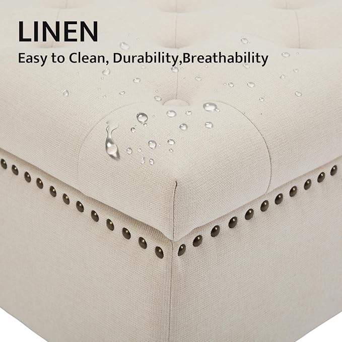 Large Square Storage Ottoman Uphlostered Tufted Button Coffee Table, Oversized Footrest Bench with Castered Rolling Wheels for Living Room, Beige Linen Waterproof