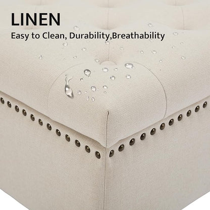 Large Square Storage Ottoman Uphlostered Tufted Button Coffee Table, Oversized Footrest Bench with Castered Rolling Wheels for Living Room, Beige Linen Waterproof