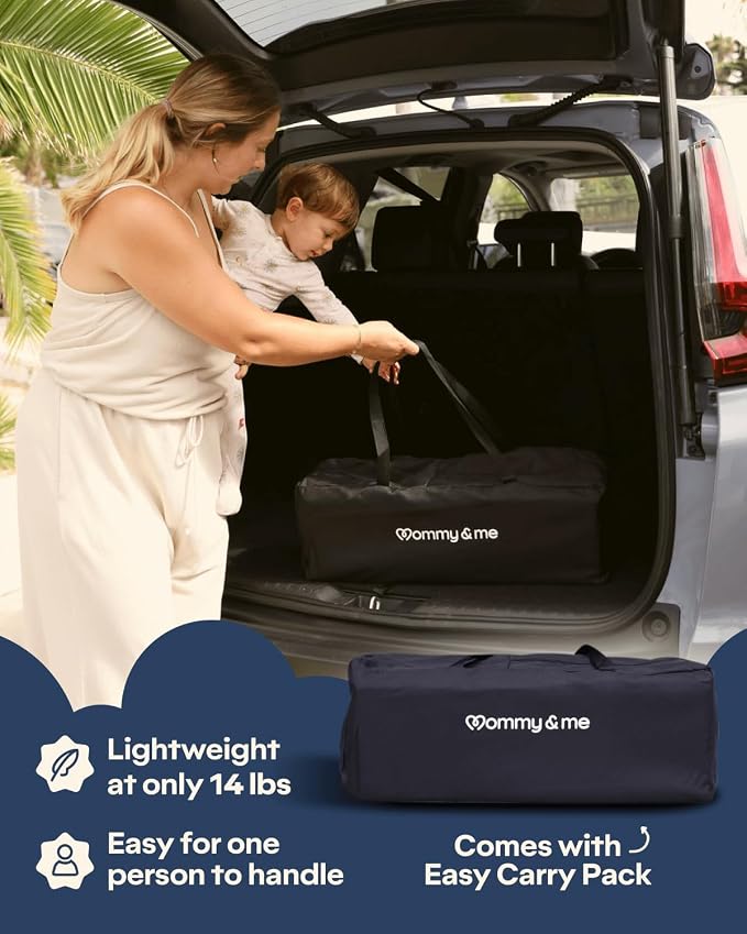 Mommy&Me Travel Crib for Baby and Toddler, Black | Lightweight 14 lb, Portable Playard, Folds in Seconds with Carry Bag, Breathable Mesh Sides, Easy Side-Zip Access