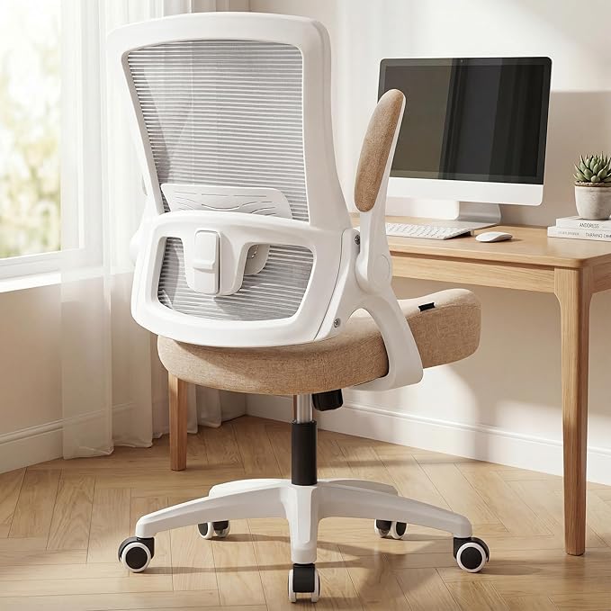 NEO CHAIR Office Desk Gaming Chair Computer High Back Mesh Seat with Rolling Wheels Ergonomic Adjustable Comfy Flip-up Armrests Lumbar Support Height for Home (Beige White Frame)