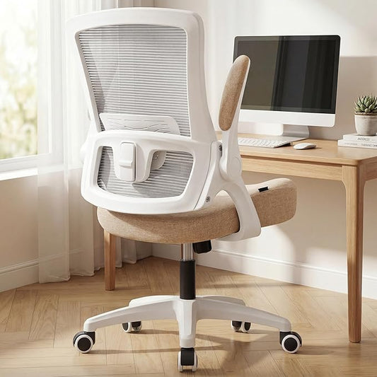 NEO CHAIR Office Desk Gaming Chair Computer High Back Mesh Seat with Rolling Wheels Ergonomic Adjustable Comfy Flip-up Armrests Lumbar Support Height for Home (Beige White Frame)