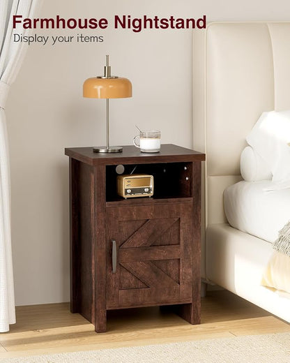 YESHOMY Farmhouse Modern Nightstand with Shelf and Barn Door, Set of 1 for Bedroom, Espresso
