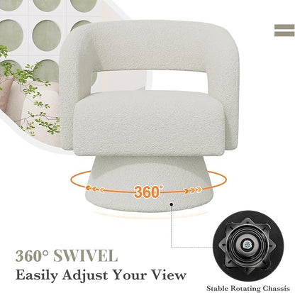 Swivel Barrel Accent Chair,Oversized Teddy Upholstered Round Swivel Chair,Modern Luxury 360 Degree Living Room Vanity Chair for Bedroom Office,White