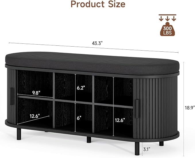 ONBRILL 43" Shoe Bench with Storage, Fluted Shoe Storage Bench with Cushion, Sliding Door and Adjustable Shelf, for Entryway, Hallway, Living Room, Black