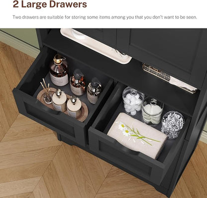 TEENFON 57.8" H Tall Storage Cabinet with 2 Drawers & 2 Adjustable Shelves, Floor Cabinet with 4 Doors, Tall Cabinet for Living Room, Dining Room, Entryway, Black