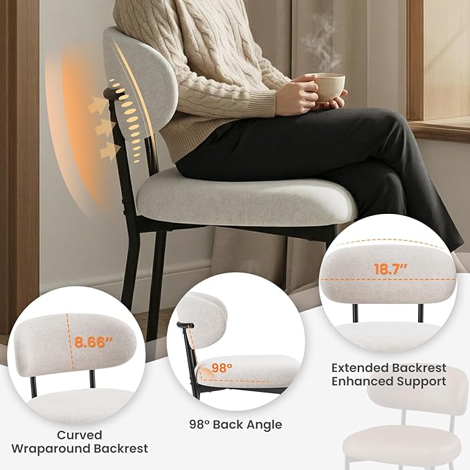 Upholstered Dining Chairs Set of 2, Modern Fabric Kitchen Chairs with Curved Backrest and Cushioned Seat, Sturdy Metal Legs, Comfortable Accent Chairs for Kitchen Dining Room, Living Room,Beige