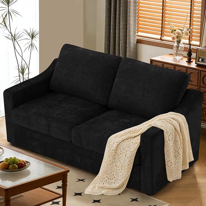 67” Chenille Loveseat Sofa w/Comfortable Back Cushions, Black | Modern 2-Seat Couch w/Deep Seat Space, Upholstered 2 Seaters Sofa w/High Resiliency Foam for Living Room