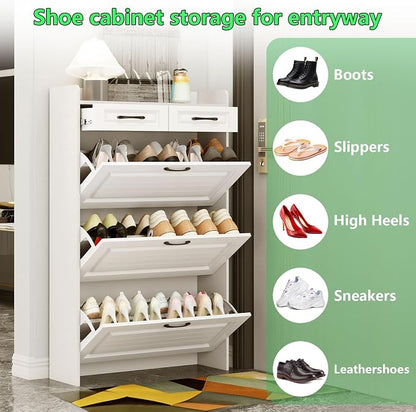 Shoe Cabinet Storage for Entryway with 3 Large Flip Drawers & 2 Storage Drawers, Narrow Shoe Organizer Cabinet Fits for Kinds of Shoes, Slim Shoe Storage Cabinet for Entryway, Hallway, Living room