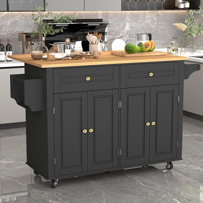 51 Kitchen Island Cart with Drop Leaf Breakfast Bar, Rolling Mobile Kitchen Island Table on Wheels with Storage Cabinet, Drawer, Spice/Towel Rack, Black