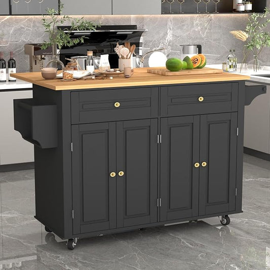 51 Kitchen Island Cart with Drop Leaf Breakfast Bar, Rolling Mobile Kitchen Island Table on Wheels with Storage Cabinet, Drawer, Spice/Towel Rack, Black
