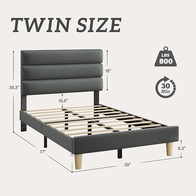 Fluest Twin Bed Frame, Platform Bed Frame with Velvet Upholstered Headboard, No Box Spring Needed, Sturdy Metal Support, Noise Free, Easy Assembly, Modern Bedroom Furniture, Grey