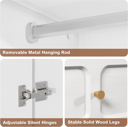 HLR 71" Mid-Century Modern Armoire Wardrobe Closet with Doors and Drawers,Wooden Armoire Storage Cabinet with Hanging Rod for Bedroom,Large Capacity Storage,White