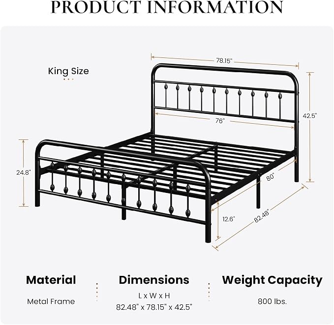 SHA CERLIN King Size Metal Platform Bed Frame with Victorian Style Iron-Art Headboard and Footboard, Easy Assembly, Under Bed Storage, No Box Spring Required, Black