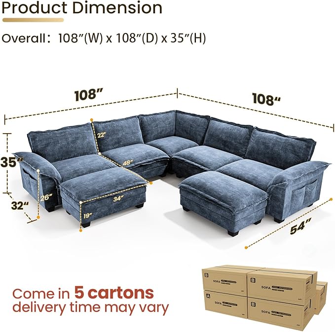 KKL Large V-Shaped Modular Sectional Sofa, 7 Seater Oversize Cloud Couch with Ottoman, Chenille Sectional Couches for Living Room, Apartment, Blue