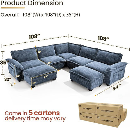 KKL Large V-Shaped Modular Sectional Sofa, 7 Seater Oversize Cloud Couch with Ottoman, Chenille Sectional Couches for Living Room, Apartment, Blue