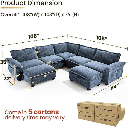 KKL Large V-Shaped Modular Sectional Sofa, 7 Seater Oversize Cloud Couch with Ottoman, Chenille Sectional Couches for Living Room, Apartment, Blue