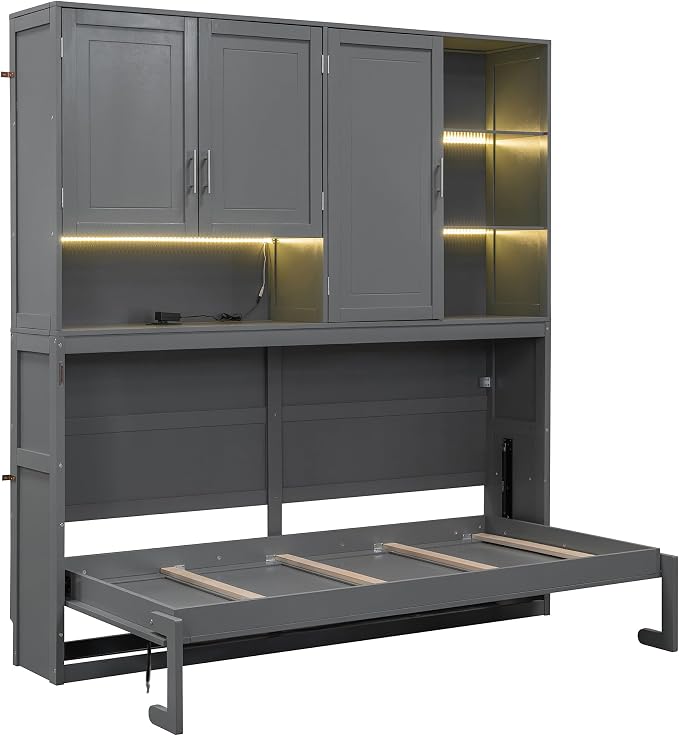 Twin Murphy Bed with Storage, Folding Wall Bed with Top Cabinet and Shelves | Flexible slats and a dual-piston mechanism help lift and lower the bed smoothly, with 400 lb capacity for daily use.