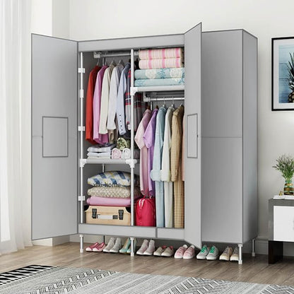 Portable Closet Clothes Organizer 49in Simple Non-Woven Fabric Wardrobe Closet Multi-Functional Clothes Storage Cabinet with Cover and Clothes Hanging Rod-Gray