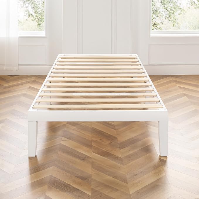 Mellow Naturalista Classic 16 Inch Solid Wood Platform Bed with Wooden Slats, White, Twin