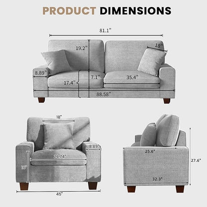 DOPEDIO Modern Living Room Sofa Set, 88.58" Chenille Loveseat with 2 Accent Chairs, Removable Covers, Spring Cushions, Solid Wood Frame, Easy Assembly（88.58inch+2 Single,Light Gray）